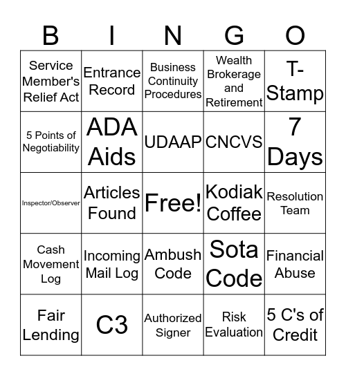 BCR Bingo  Bingo Card