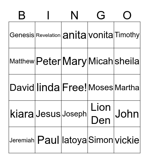 Vacation Bible School Bingo Card
