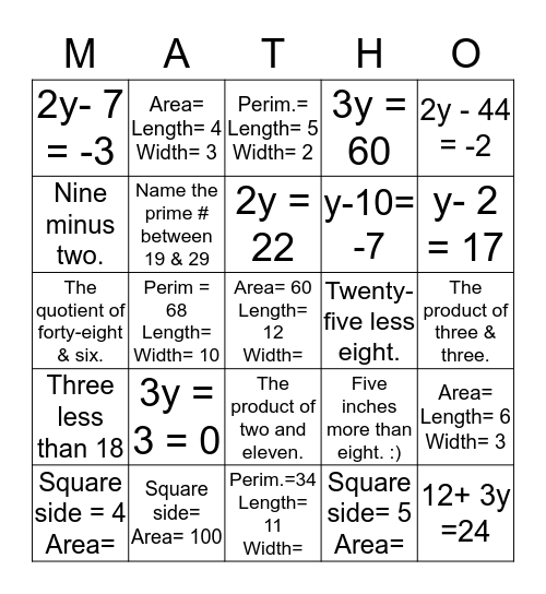 Chapter 3 Matho Bingo Card