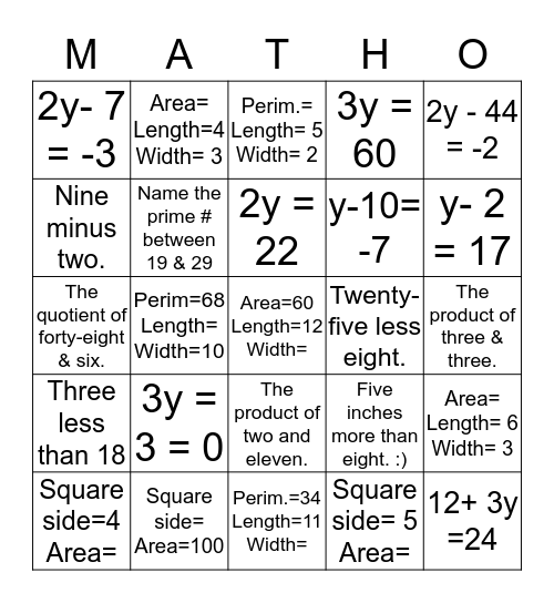 Chapter 3 Matho Bingo Card