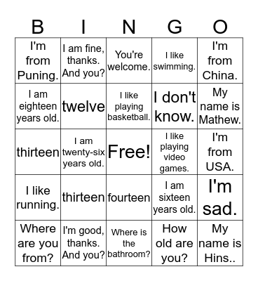 Basic Phrases Bingo Card