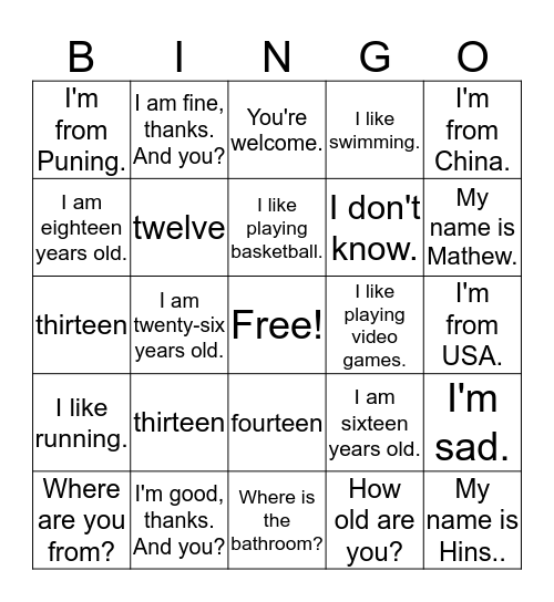 Basic Phrases Bingo Card