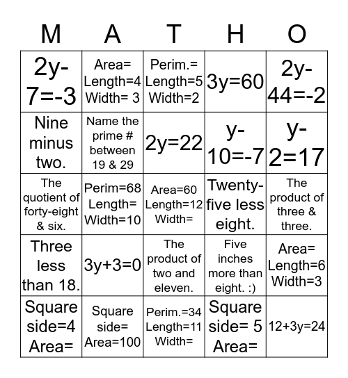 Chapter 3 Matho Bingo Card