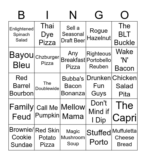 Mellow Mushroom Server Bingo Card