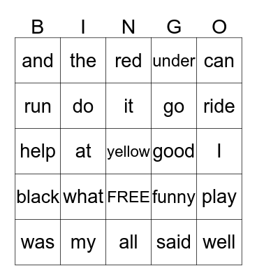 Sight Word BINGO Card