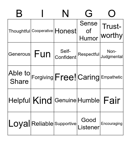 qualities of a good friend bingo card