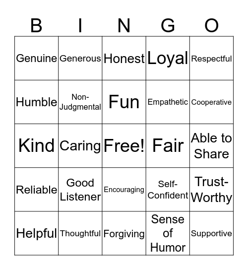 QUALITIES OF A GOOD FRIEND Bingo Card