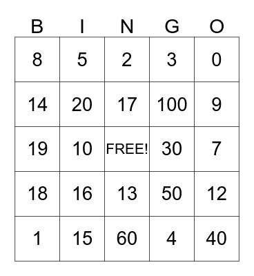 Number Bingo Card