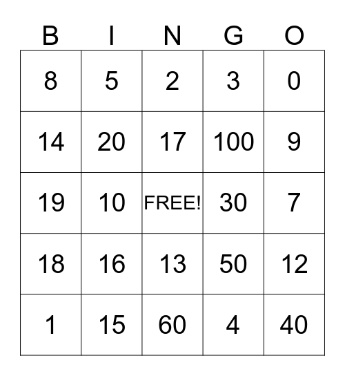 Number Bingo Card