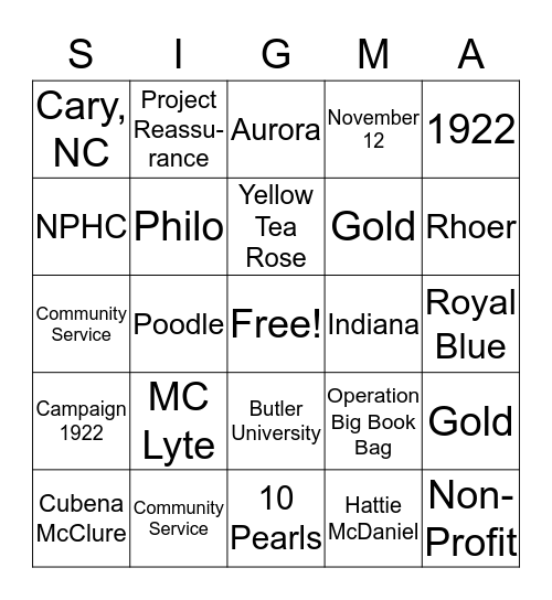 SIGMA Bingo Card