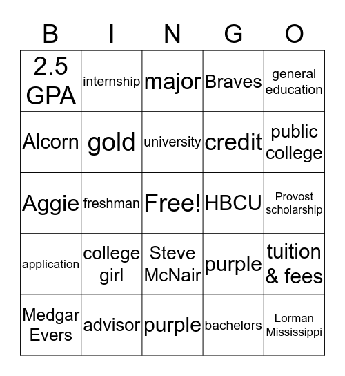 College Bingo Card