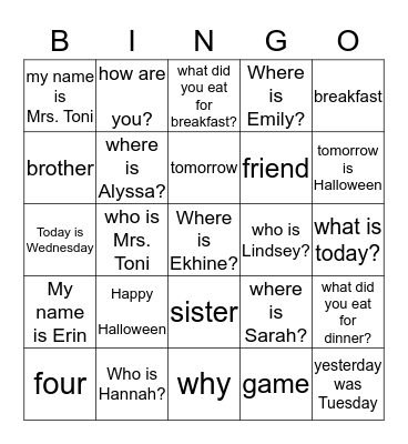 Sign Language Bingo Card