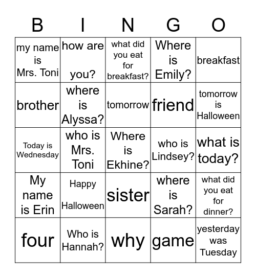 Sign Language Bingo Card