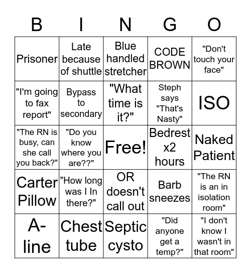 PACU BINGO  Bingo Card
