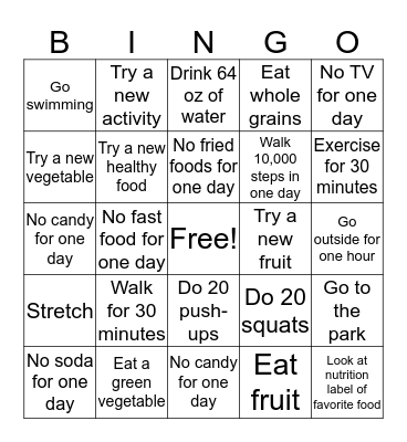 Weeks Goals Bingo Card