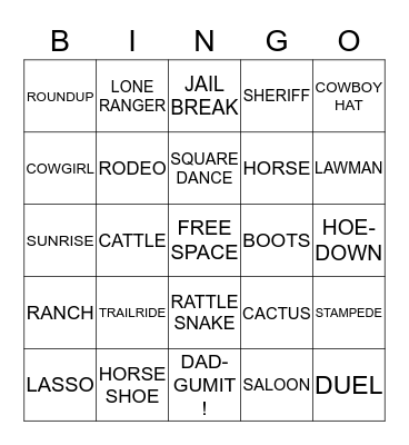 WILD WEST COWBOY BINGO Card