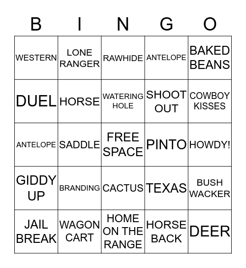 WILD WEST COWBOY BINGO Card