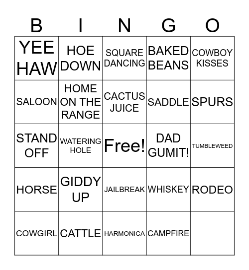 WILD WEST COWBOY BINGO Card