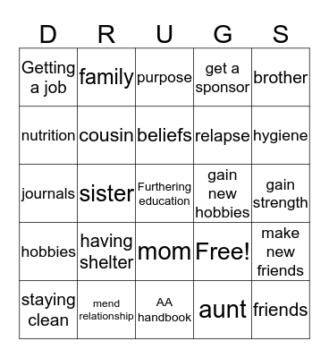 Recovery Bingo Card