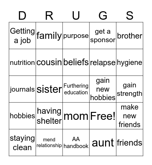 Recovery Bingo Card