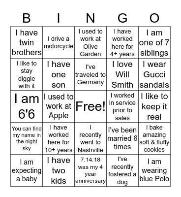 Get to know me Bingo  Bingo Card