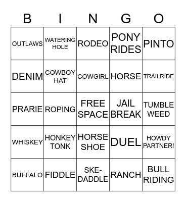 WILD WEST COWBOY BINGO Card