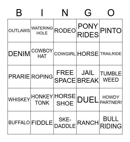 WILD WEST COWBOY BINGO Card