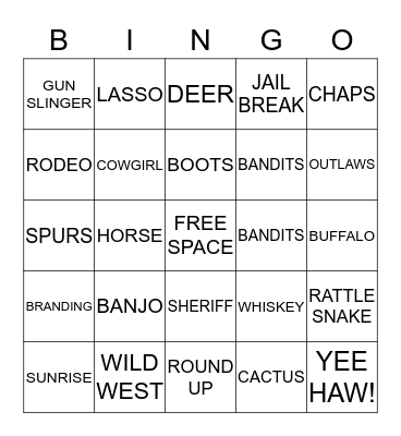 WILD WEST COWBOY BINGO Card