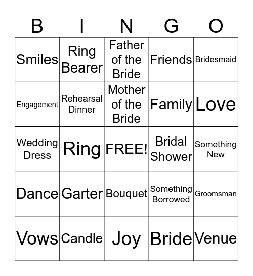 Hannah's Bridal Shower Bingo Card