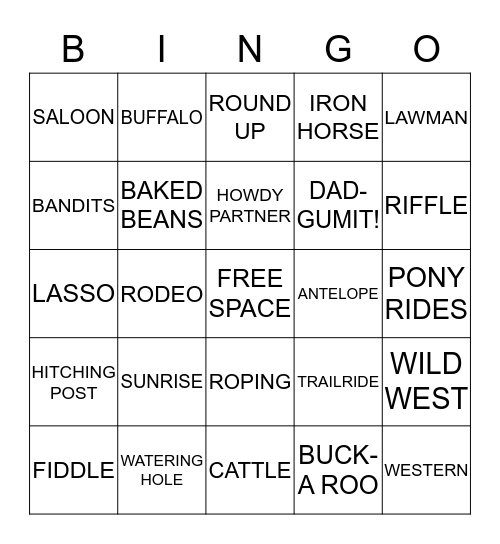 WILD WEST COWBOY BINGO Card