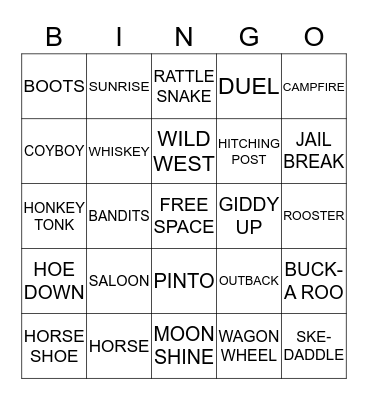 WILD WEST COWBOY BINGO Card