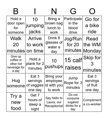 Road to a Healther You Challenge - Week #1 Bingo Card