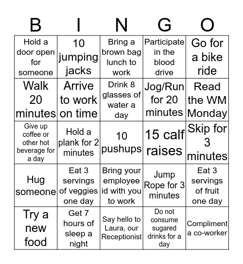 Road to a Healther You Challenge - Week #1 Bingo Card