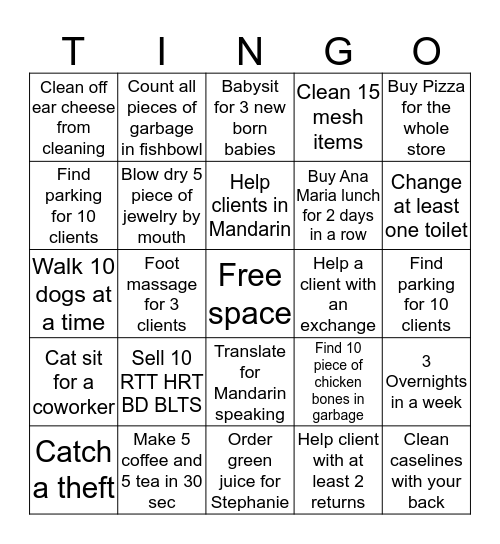 TINGO Bingo Card