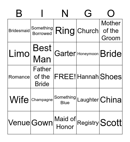 Hannah's Bridal Shower  Bingo Card