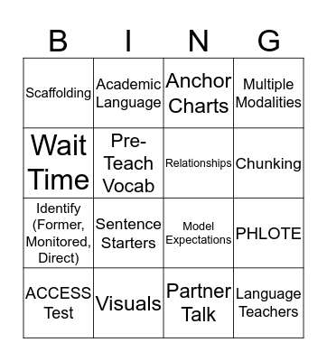 English Language Learners Bingo Card