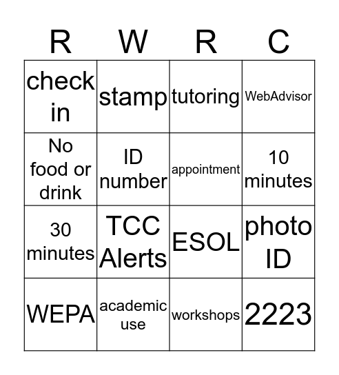 RWRC Orientation Bingo Card