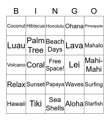 LUAU PARTY!!  Bingo Card