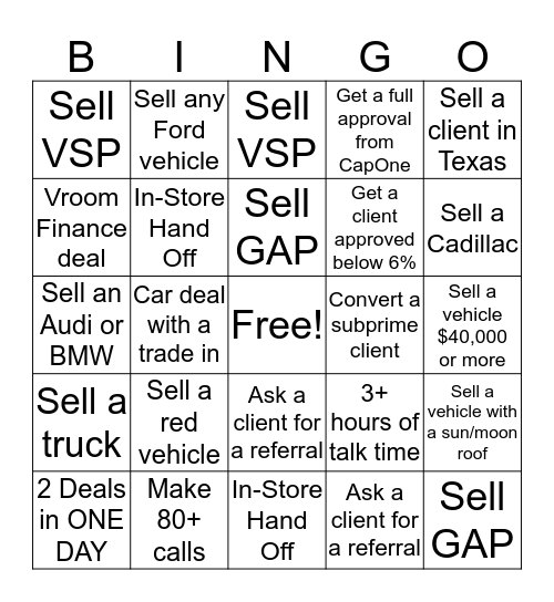 Vroom BINGO Card