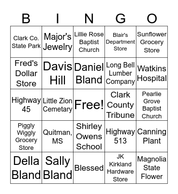 Bland Family Reunion Bingo Card