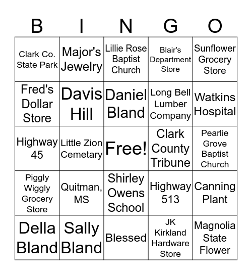 Bland Family Reunion Bingo Card