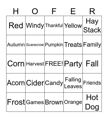 Fall Bingo Card
