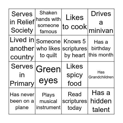 Relief Society Get to Know You Bingo Card