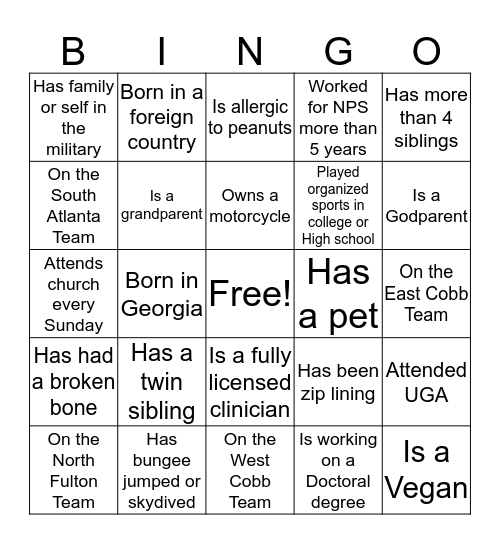 Getting to know you Bingo Card