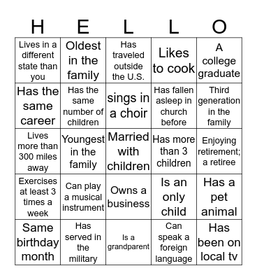 Getting to Know You- Family Reunion Bingo Card