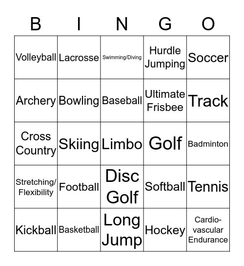 Sports/PE Bingo Card