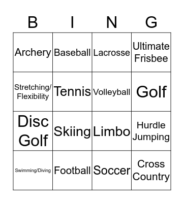 Sports/PE Bingo Card