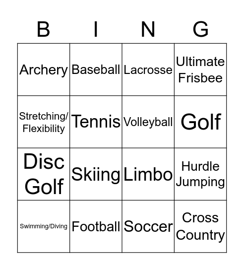 Sports/PE Bingo Card