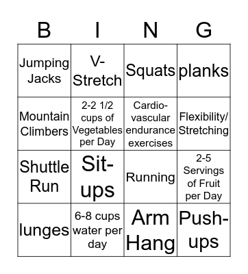 Presidential Fitness/Nutrition/Health Bingo Card