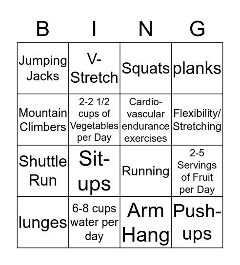 Presidential Fitness/Nutrition/Health Bingo Card